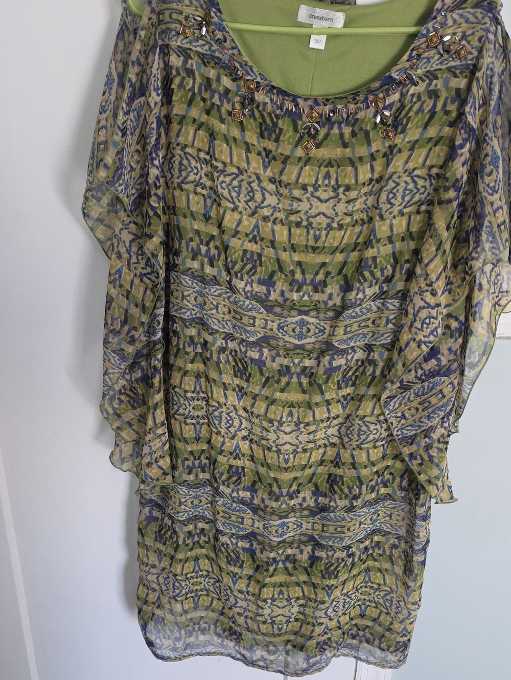 dressbarn Olive & Navy Patterned Chiffon Tunic with Beaded Neckline & Belt